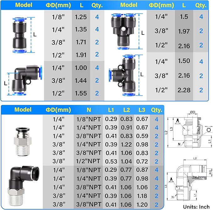 TAILONZ PNEUMATIC 1/4"3/8"1/2"1/8" Blue Straight and Elbow Push to Connect Fittings Air Hose Fittings,Suitable for Nylon/PU Tube Air Tube and Other Connection Kits 68PCS
