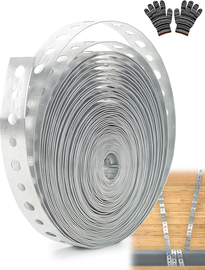 Galvanized Metal Pipe Strap 3/4-Inch x 33-Feet 24-Gauge Pipe Hanger Strap Metal Strapping with Hole Securing Straps Pre-Punched with Gloves