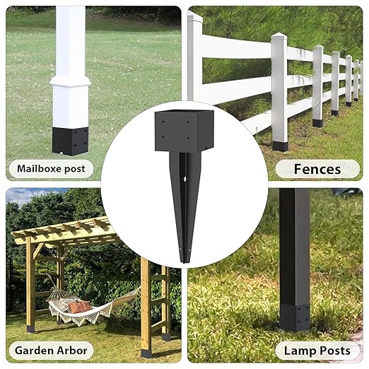 2 Pcs 6"x6" Fence Post Anchor,(Internal 5.6"x5.6"),Metal Fence Post Anchor Ground Spike 17" with Black Powder-Coated,Fence Stakes Post Base for Deck,Fence,Porch,Railing,Mailbox.
