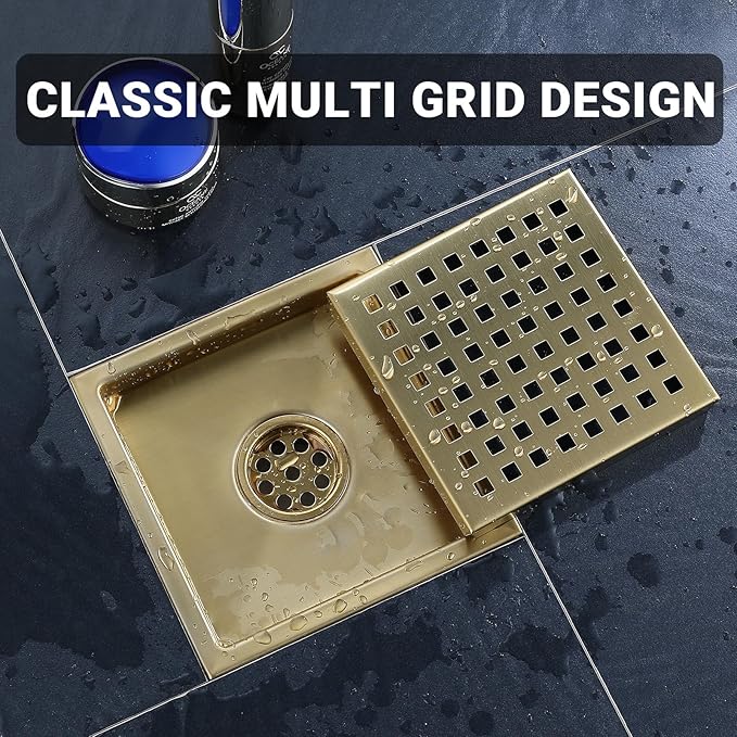 6 Inch Square Shower Floor Drain, Stainless Steel Black Shower Drain Kit with Flange, Floor Drain with Removable Grid Cover,Brushed Gold