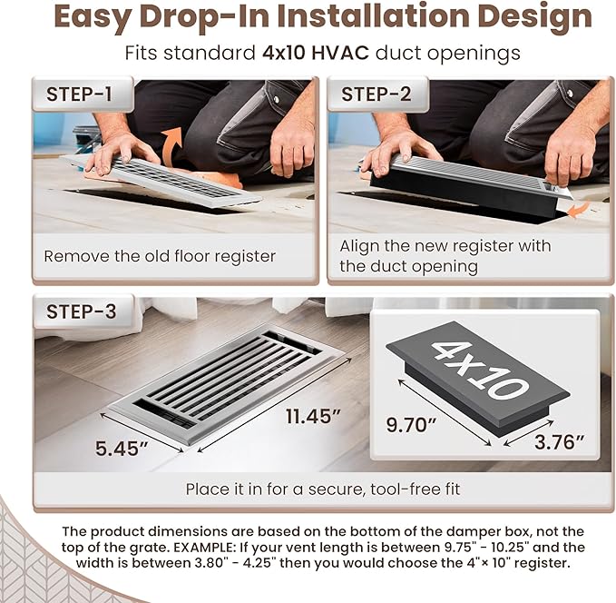Floor Register 4x10 Vent Cover – Heavy-Duty Steel, Rustproof & Walkable Grates, Easy Drop-in Install, Adjustable Air Supply Switch - Decorative Straight Line Design, Brushed Nickel