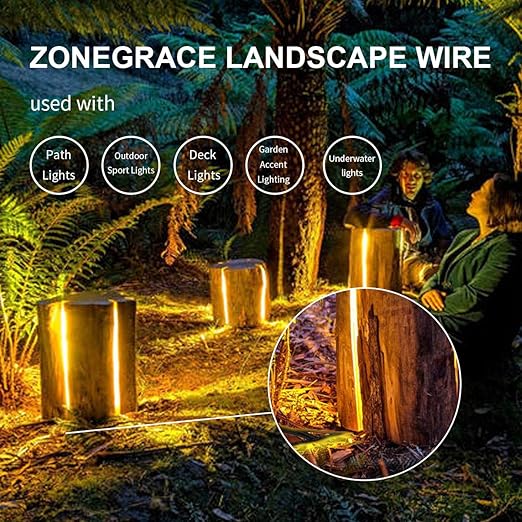 Zonegrace 12AWG 2-Conductor 12/2 Direct Burial Wire for Low Voltage Landscape Lighting, 265ft
