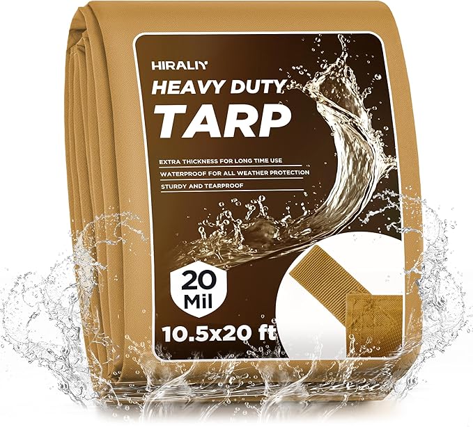 HIRALIY 20 Mil Heavy Duty Waterproof Tarp, 10.5x20ft Brown Tarpaulin with Reinforced Webbing Loops, Multipurpose Oxford Fabric Tarp for Firewood, Roof, Camping, Pool
