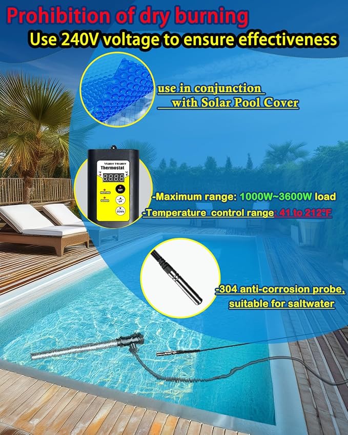 2000W Bathtub Heater | Pool Heater for Above Ground Pools, Portable Extra Baptistry Heaters for Baptismal Water Warmer, Inflatable Hot Tubs Warmer -120V Immersion Water Heaters for Bathtub