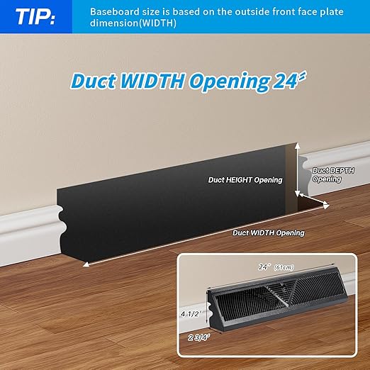 2 Pcs Baseboard Register Vent 24 Inch Duct Opening Size Baseboard Vent Covers Diffuser Adjustable Corner Return Air Grille for Home Floor Wall Air Flow Control (2, Black, 24 Inch)