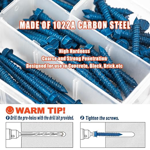 200Pcs Concrete Screws with Drill Bit and Driver bit, 3/16" 1/4" Hex Head Concrete Cement Screws Assortment Kit for Anchoring to Masonry, Block or Brick Stucco, Length 1-1/4" to 2-3/4"