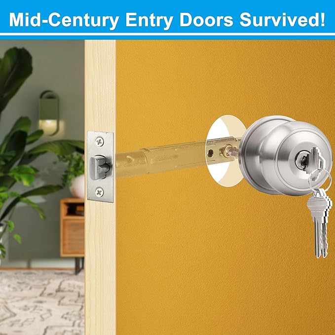 5" Backset Entry Door Latch with Standard Keyed Knobset, 19/64" (7.6mm) Square Interface with Square Corner Faceplate, Non-Handed, Satin Nickel