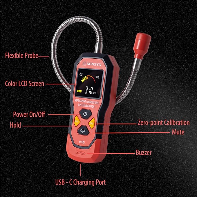 Rechargeable HVAC Refrigerant Leak Detector, Halogen Freon Sniffer, Air Conditioning Detection, Automotive Gas Finder (SFD201 Refrigerant&Combustible Gas Detector)
