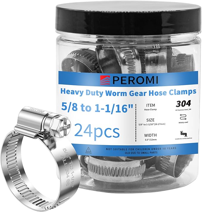 24PCS Heavy Duty Hose Clamps Stainless Steel 304,5/8" Hose Clamp to 1-1/16" Hose Clamp (16-27mm) Adjustable Worm Gear Drive Small Radiator Hose Clamps,Pipe Clamp for Automotive and Industry
