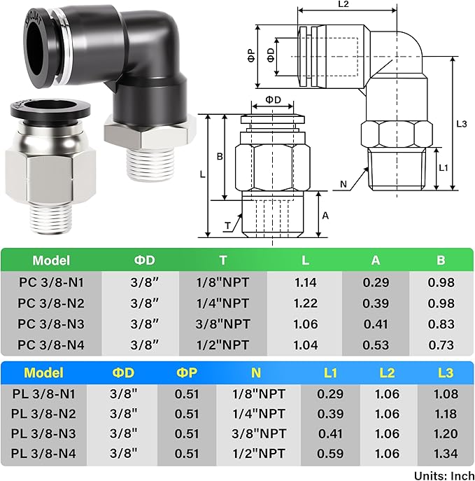 TAILONZ PNEUMATIC Elbow and Straight Combination 3/8 Inch Tube OD x 1/8 Inch NPT Thread Push to Connect Fittings PC-3/8-N1+PL-3/8-N1(Pack of 12)