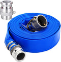 2" ID x 100 ft PVC Lay Flat Discharge Hose with Aluminum Camlock C and E Fittings, Cam Lock Fitting Type F included, Heavy Duty Reinforced Blue Backwash Pump Hoses for Swimming Drain Pools