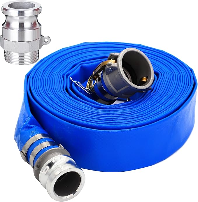 2" ID x 100 ft PVC Lay Flat Discharge Hose with Aluminum Camlock C and E Fittings, Cam Lock Fitting Type F included, Heavy Duty Reinforced Blue Backwash Pump Hoses for Swimming Drain Pools