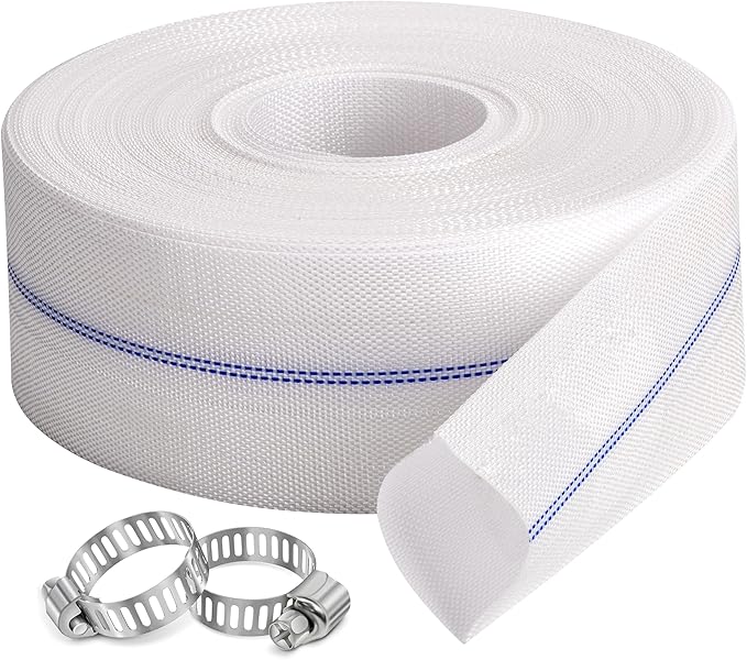 Pool Backwash Hose 2” × 100 ft Fiber Reinforced Discharge Hose General Purpose Flexible Lightweight Lay Flat Pump Drain Pipe Hose for Water Transfer (2in-100ft, Anti-abrasion)