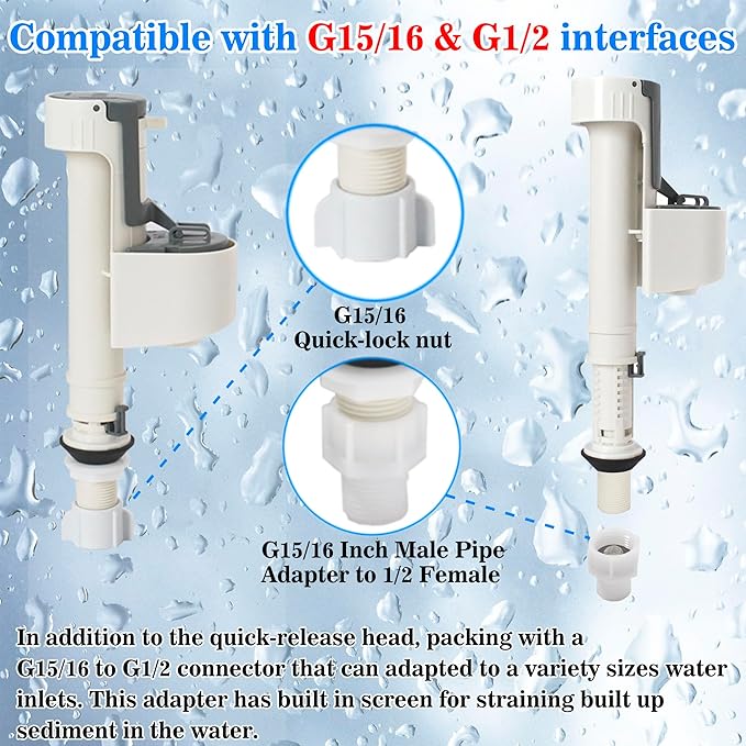 Toilet Fill Valve Replacement Kit, Universal Height Adjustable Toilet Repair Kit Inside Tank Anti Siphon Water Valve With G3/4 Connection, Equipped With G1/2 Adapter for Fast Install