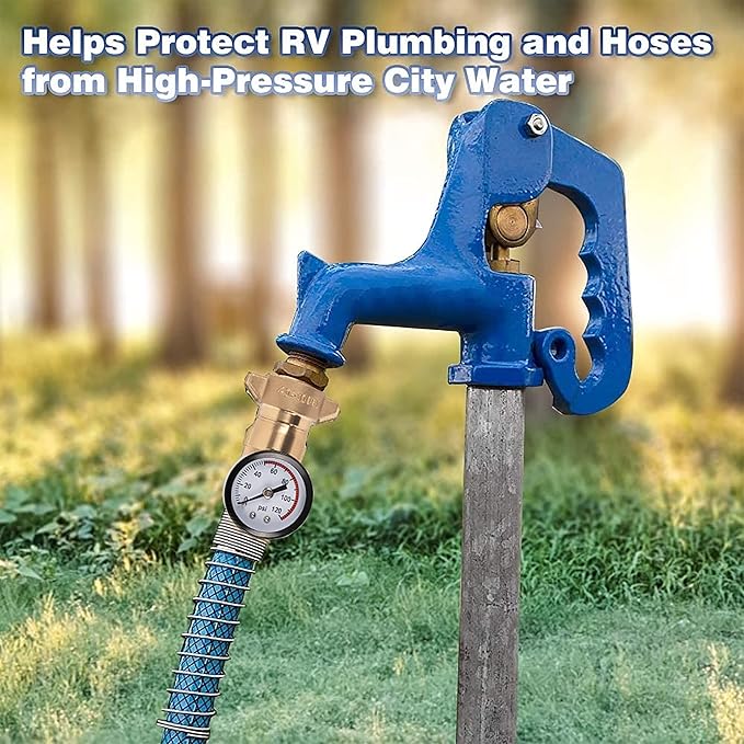 Hourleey Brass RV Water Pressure Regulator, Hi-Flow Water Regulator With Filter Screen and Gauge for Campers, Travel Trailers, Plumbing System