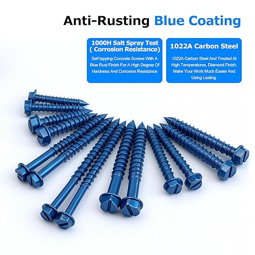 200PCS Concrete Screws, 3/16" 1/4" Masonry Screws with Drill Bit and Driver Bit, 7 Sizes Hex Head Cement Screws for Masonry, Block or Brick, Diamond Point, Blue Coated