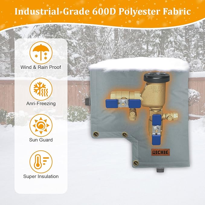 Backflow Preventer Insulated Cover (5°F) for Winter Freeze Protection, 13" W x 12" H Thickened Pressure Vacuum Breaker & Well Pump Cover, Outdoor Waterproof Insulation Pouch for Sprinkler Valve, Grey