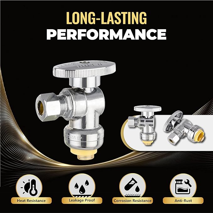 30-Pack Foskan Push Fit Angle Stop Valve,1/4 Turn Shut off Valve 1/2" Push Fit x 3/8" OD,Chrome Plated Brass