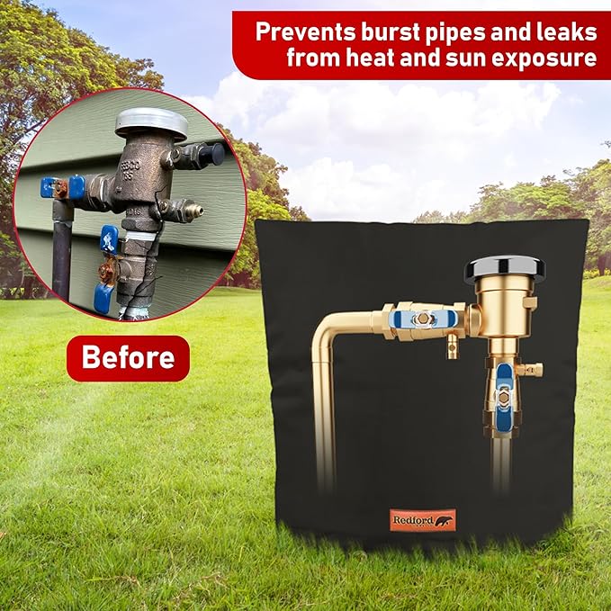 Redford Supply Co. Cold Snap (5°F) Backflow Preventer Insulation Cover, 24"W x 24"H, Pipe Insulation, Water Sprinkler Covers for Outside, Sprinkler Backflow Cover for Winter, Well Pump Bag (Black)