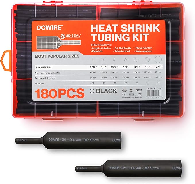 Heat Shrink Tubing Kit - 3:1 Ratio - Adhesive Lined - Wire Shrink Wrap Tubing - Waterproof Marine Grade Shrink Tube - 180 PCS - Black