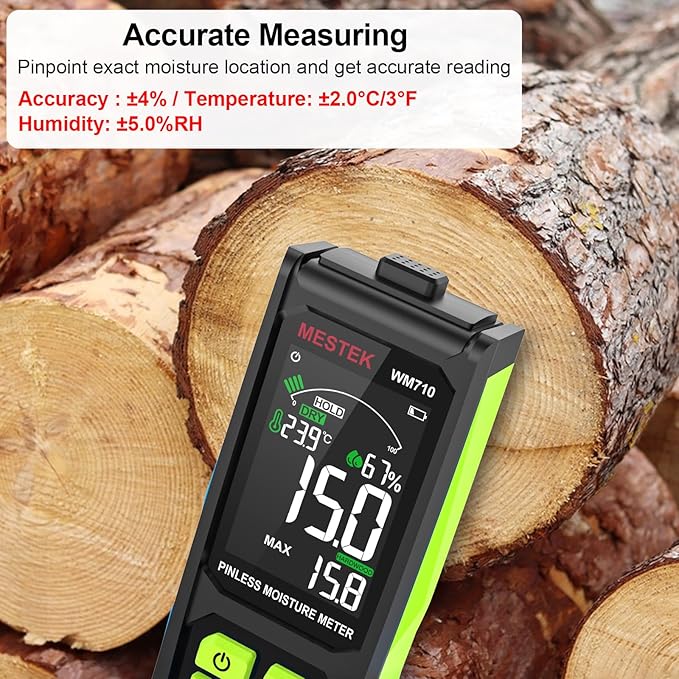 MESTEK Pinless Wood Moisture Meter - Digital Moisture Detector for Lumber Drywall Firewood Masonry Woodworking Plaster Floor Concrete Building, Moisture Reader and Tester with LCD Display & Audible