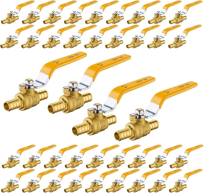40-Pack Foskan 1/2 Inch PEX Crimp Full Port Ball Valve with Yellow Handle, Brass Quarter Turn Shut-off Valve for PEX Tubing