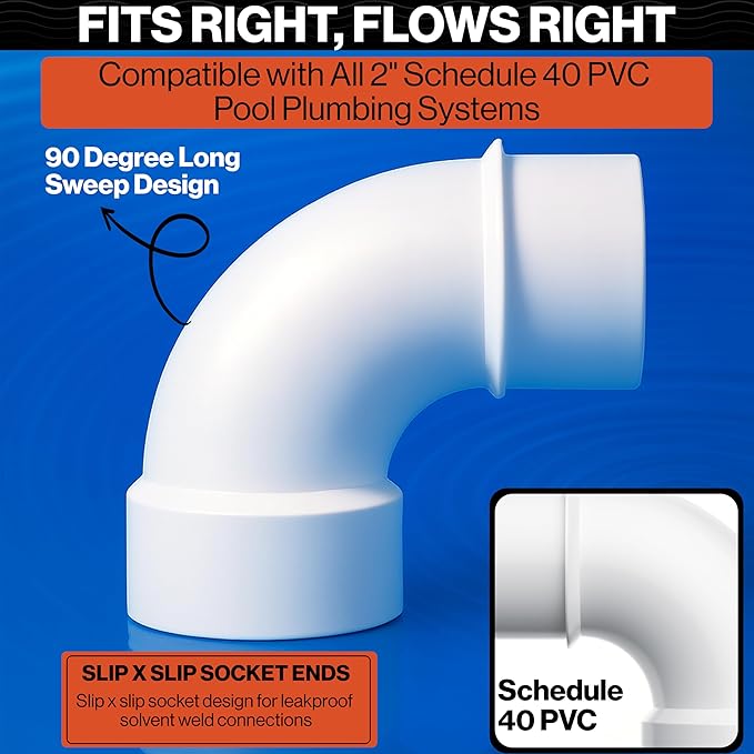 Swimables 2 Inch PVC Street Sweep 90 - Schedule 40 Pipe Street Elbow, Long 90° Connector for Pool Fittings, High-Flow Spa Plumbing & Waterway Systems Installations - Durable PVC Pipe Elbow (10 Pack)