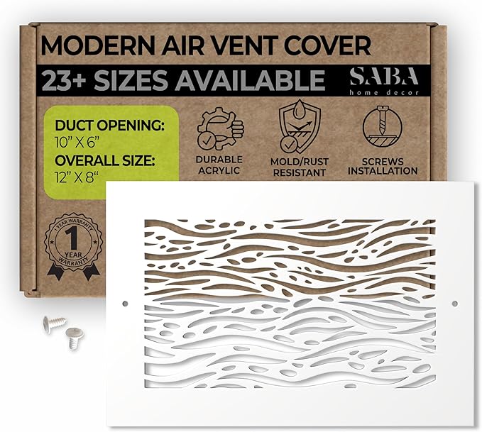 SABA Home Decor White Air Vent Cover - Acrylic Plexiglass 6" x 10" Duct Opening (8" x 12" Overall) Return Grille Decorative Covers for Walls & Ceilings NOT for Floor USE, Waves