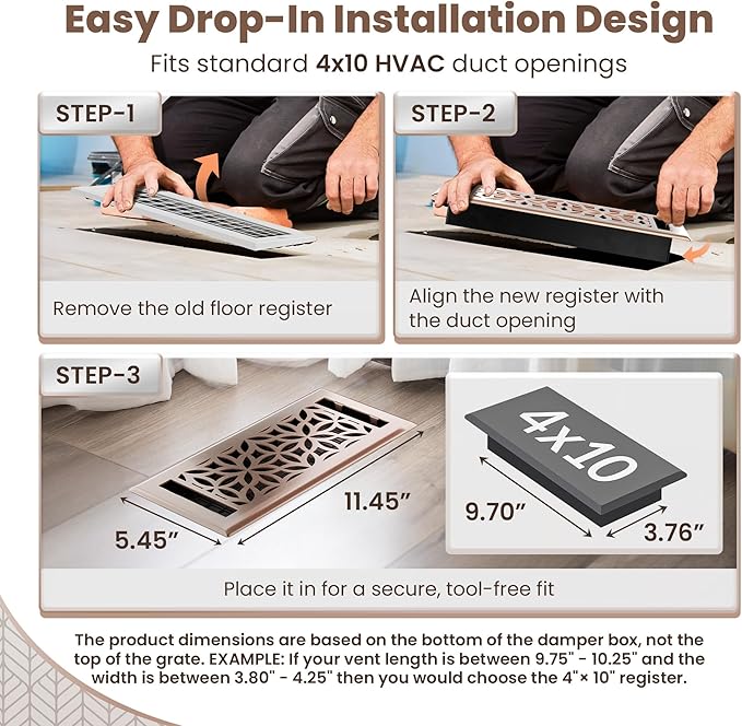 Floor Register 4x10 Vent Cover – 2 Pack – Heavy-Duty Steel, Rustproof & Walkable Grates, Drop-in Install, Adjustable Air Supply Switch - Decorative Floral Design, Satin Bronze