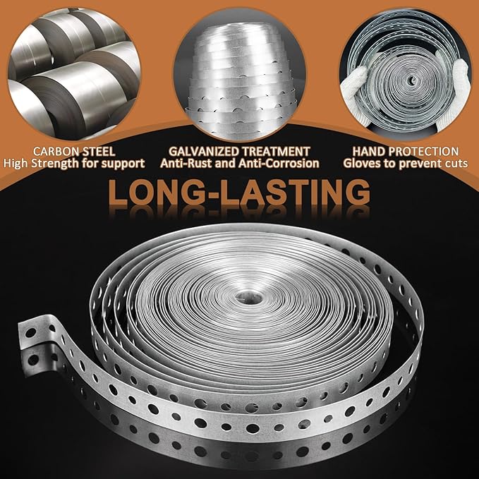 Galvanized Metal Pipe Strap 3/4-Inch x 100-Feet 24-Gauge for Pipe Support Hanging and Flexible Trimming with Holes