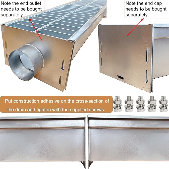 304 Stainless Steel Channel Drain with Galvanized Steel Grate 39.4x9x6 in, B-Class 28100 lbs Heavy-Duty Drain Kit for 3" Pipe, Trench Drainage System for Outdoor, Driveway, Garage, Yard