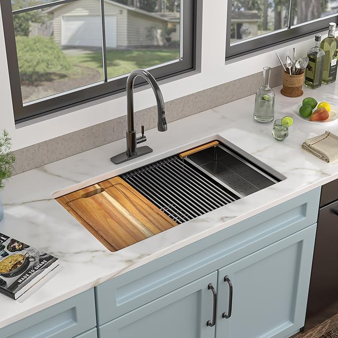 33 Undermount Kitchen Sink Black - Fulorni 33"x19" Kitchen Sink Ledge Workstation Gunmetal Black NANO-PVD 16 Gauge 304 Stainless Steel Under Counter Single Bowl Basin