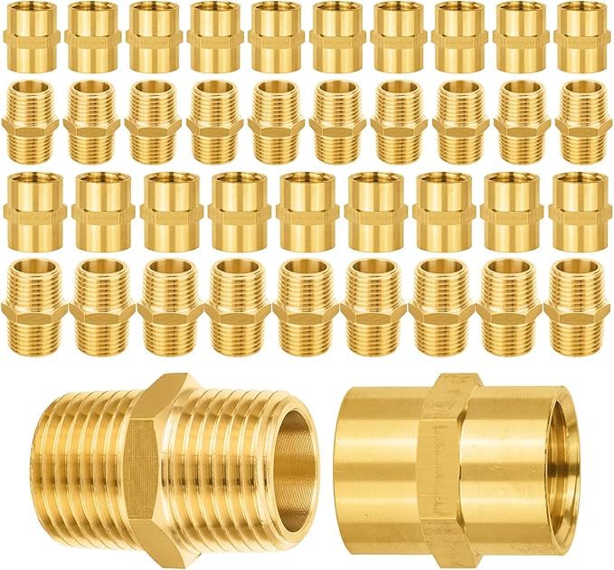 40-PCs HeSun Brass Pipe Fittings Combo, 20-PCs 1/2" NPT Male + 20-PCs 1/2" NPT Female Hex Nipple Adapter