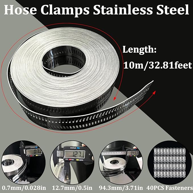 Hose Clamps Stainless Steel, Hose Clamp Assortment Kit, 32.81FT DIY Large Adjustable Worm Gear Metal Clamps Fuel Line Clamp with 40 Fasteners for Plumbing, Water Pipe, Radiator, Automotive, Mechanical