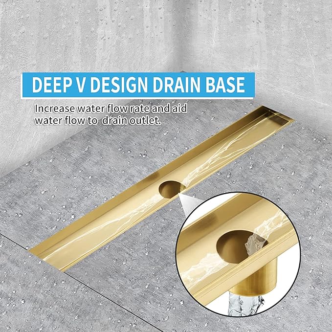 Linear Shower Drain 48 inch, Floor Drain with Removable Pattern Grate, 304 Stainless Steel Rectangular Linear Drain with Hair Strainer, CUPC Certified, Brushed Gold, SD-103