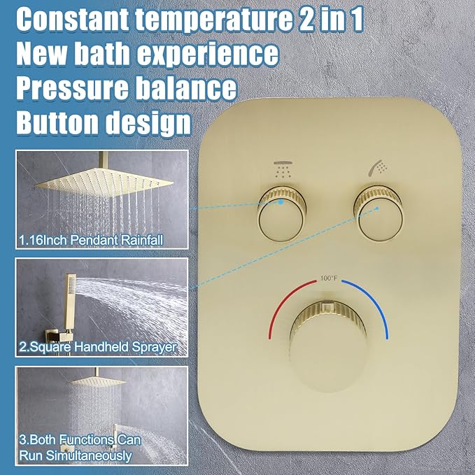Brushed Gold 2-Way Thermostatic Shower Diverter Valve Kit - Solid Brass, Adjustable Flow, Temperature Control Mixer Valve - Perfect for Bathroom Renovation