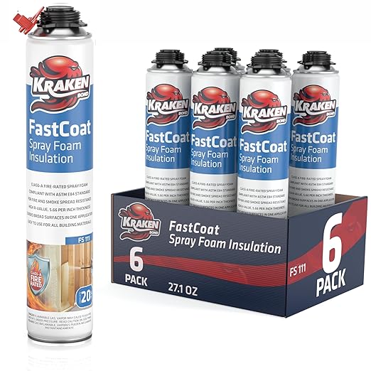 Kraken Bond Fastcoat Fire Rated Spray Foam Insulation (6x27.1 oz.) (R-Value 11.32 / 2in) Closed Cell Expanding Foam - Heat and Acoustic Insulation, Gun & Cleaner Not Includes, 120 Board Ft, 6 Pack