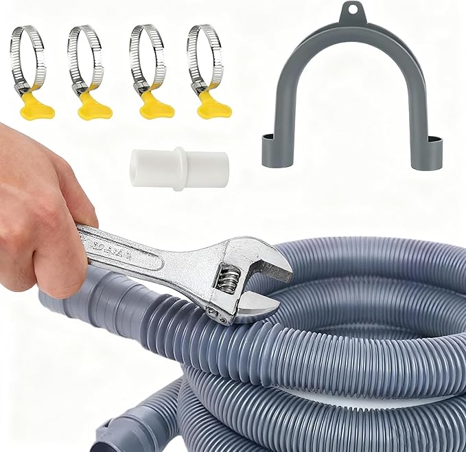 10FT Flexible Corrugated Washer Drain Hose Kit, Compatible with Various Brands of Washing Machine and Dishwasher Drain Hose Extension Kits - Includes 1 Adapter, 4 Clamps, 1 U-Bend Bracket