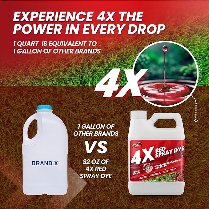32oz 4X Red Spray Dye - Makes 128 Gallons of Concentrated Spray Pattern Indicator Dye, Ideal Fertilizer Marking, Lawn Turf Mark and Marker, Mark Where You've Sprayed with Red Color Indicator