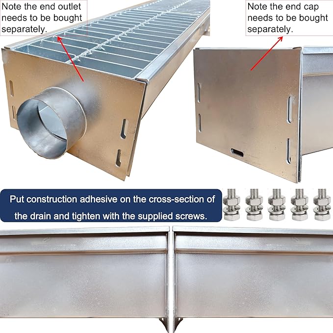 304 Stainless Steel Channel Drain with Galvanized Steel Grate 39.4x9x6 in, B-Class 28100 lbs Heavy-Duty Drain Kit for 3" Pipe, Trench Drainage System for Outdoor, Driveway, Garage, Yard