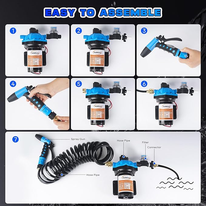 12V DC RV Fresh Washdown Pump Kit, 70PSI7GPM,Marine Self-Priming Water Pump with Pressure Switch, High-Performance RV Fresh Water Pump for Boats,Campers,Travel Trailers,Sprayers,and Yachts