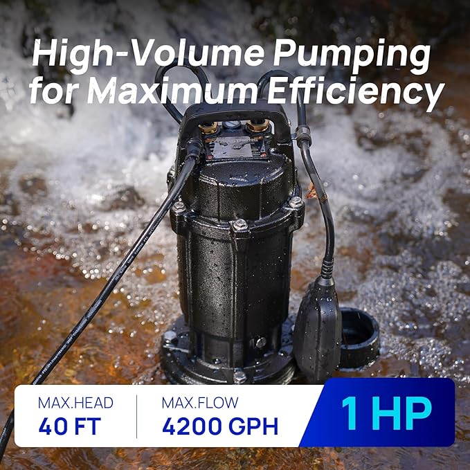 Aquastrong 1 HP Sewage Grinder Pump, 115V 4200 GPH Sewage Pump 2 inch Discharge, Cast Iron Sump Pump Submersible with Auto Float Switch for Basement Sump Basin and Sewage Well