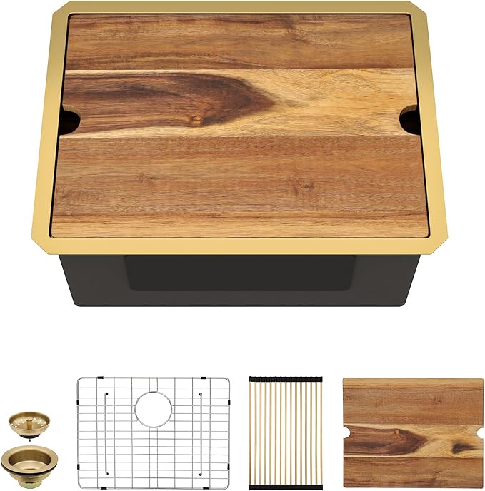 24"x18" Undermount Laundry Utility Sink Workstation – Brushed Gold NANO-PVD, 16 Gauge 304 Stainless Steel, 12 Inch Deep Single Bowl Basin for Laundry Room, RV or Utility Use