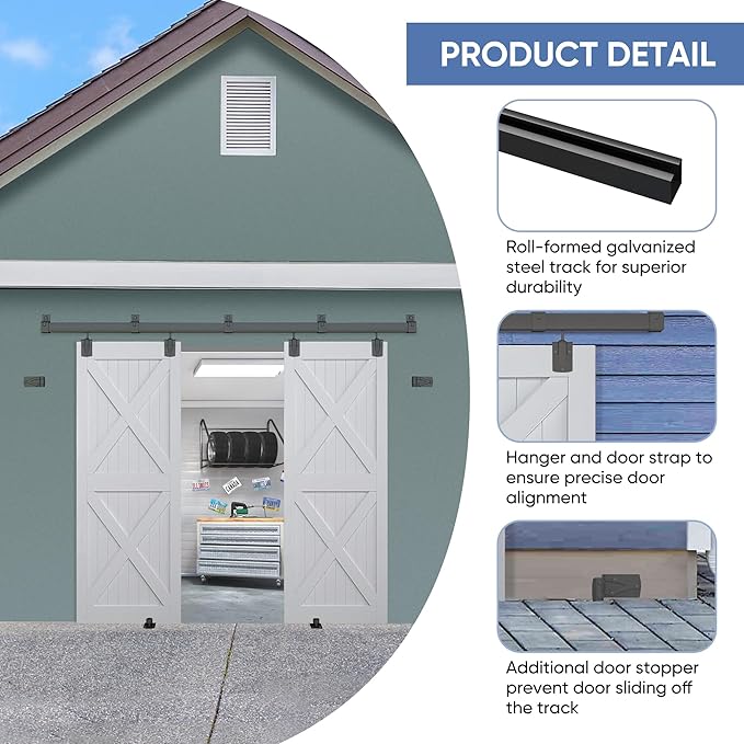 Exterior Barn Door Hardware Kit, BARNSMITH 8FT Sliding Barn Door Hardware Heavy Duty Doors Track Kit for Double Doors Use, Wall Mount, Black (Hardware Only)