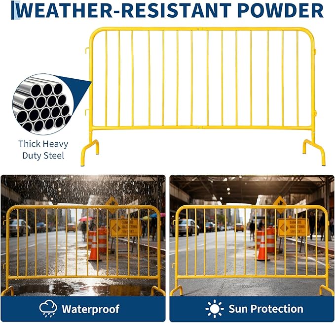 Interlocking Steel Barricade, 5.5 Ft. Heavy Duty Galvanized Metal Barricade, Interlocking Steel Road Barriers with with Bridge Feet Base, for Crowd Control Event Fencing Indoor/Outdoor, Yellow