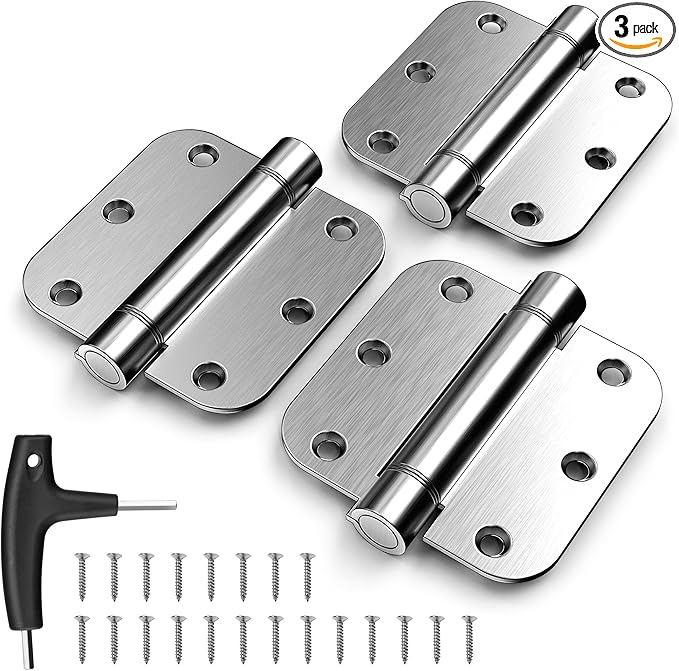 KOLET Self Closing Door Hinges, 3.5 x 3.5 Inches Door Hinges with Auto Close, 5/8" Radius Corners Spring Hinges, Heavy Duty Stainless Steel, No Pin Installation, Brushed Nickel, 3 Pack