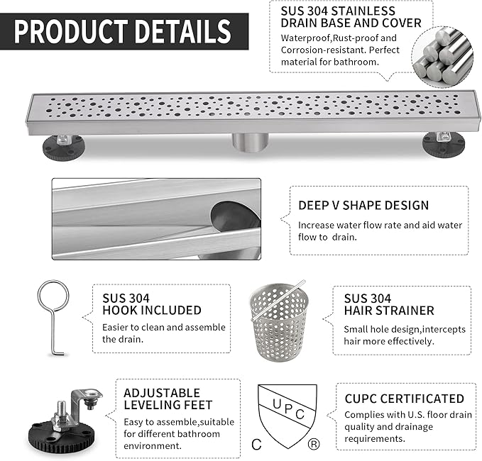 Linear Shower Drain 28 Inch, Bubbles Shower Drain SUS-304 Stainless Steel, 51L/Min Fast Drainage Floor Linear Drain, US Standard CUPC Certified, Brushed Silver, SD-099