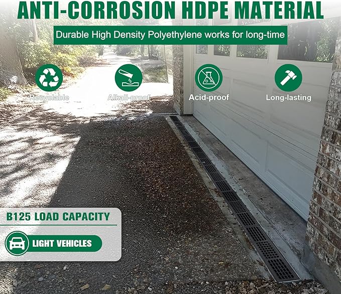 Driveway Channel Drain with HDPE Grate-39.4x6.1x5.5in Deep Profile Trench Drain System for Garage,Heavy Duty Trench Drain for Parking Lot,Concrete,Patio,Sidewalk