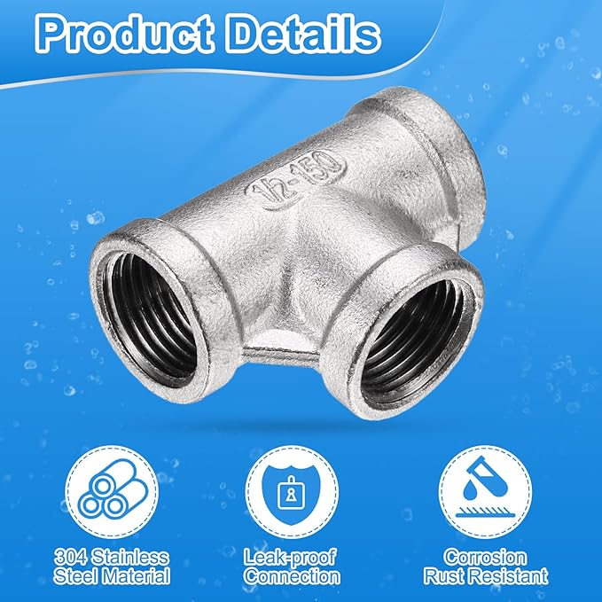uxcell 4 Pcs 304 Stainless Steel Tee Pipe Fittings G1/2" Female Tee Adapter 3 Way t Shaped Cast Pipe Fitting Connector with Seal Tape for Plumbing Drainage Pipes Heating Systems