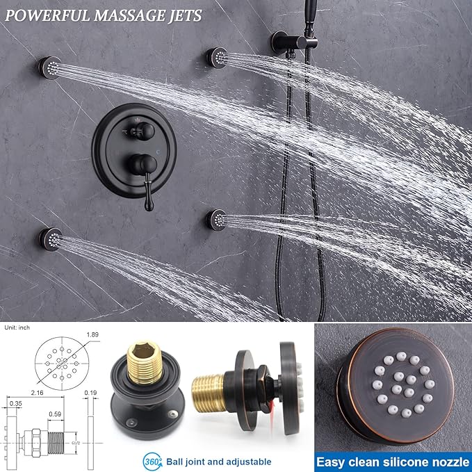 ENGA Antique Shower Faucet Sets Complete Oil Rubbed Bronze Shower System with Jets 8 inch Rainfall Head and Handheld Spray Fixtures Combo, 3 Way Diverter Brass Rough in Valve Trim Kit